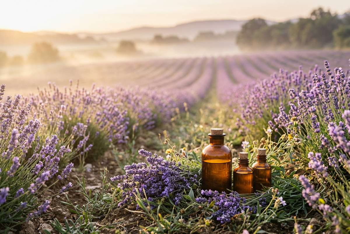 Peaceful lavender field at sunrise with amber essential oil bottles